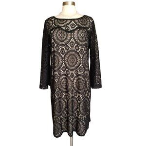 Tacera Dress 1X Black Lng Slv Lace Overlay Lined Stretch Elegant Goth Chic Flare